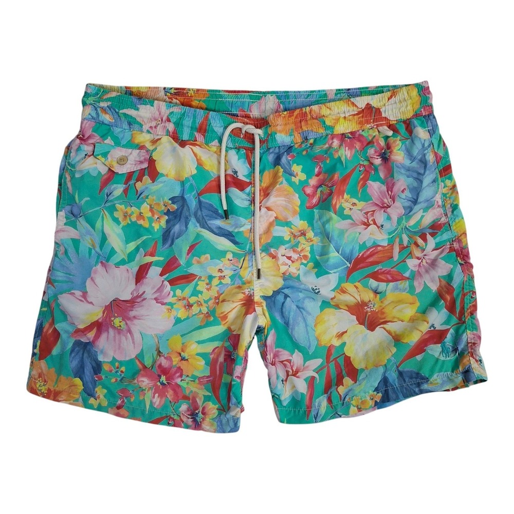 Polo Ralph Lauren Mens Floral Swim Trunks Teal Hibiscus Tropical Shorts Large